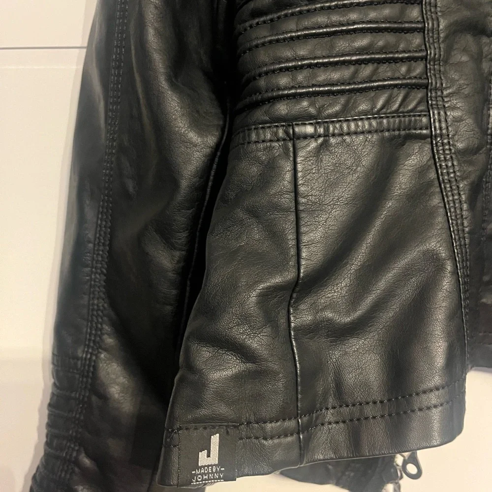 Made By Johnny size M faux leather black biker hooded jacket - Picture 13 of 13
